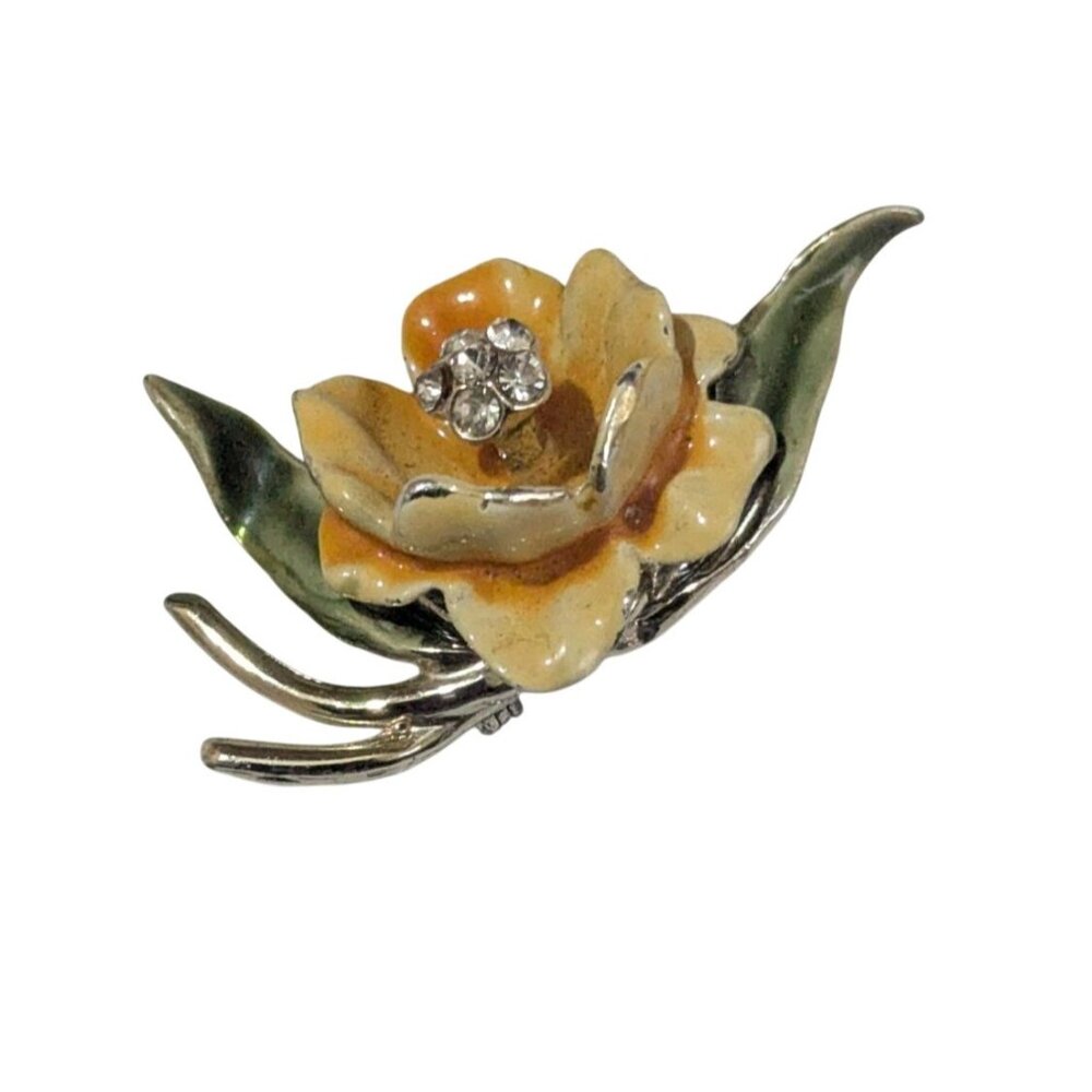 Vintage Weiss Gold Tone Enamel Flower‎ Brooch Rhinestones Green & Yellow Elegant